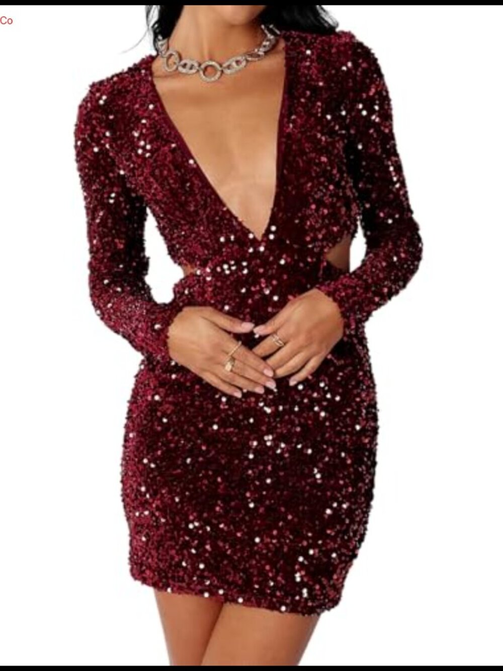 Womens Sparkly Sequin Bodycon Mini Dress Long Sleeve Deep V Neck Party Club